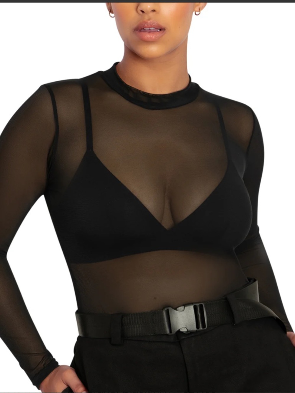 Heart Hips Black Sheer Long-Sleeve Mesh Top - Slim Fit
